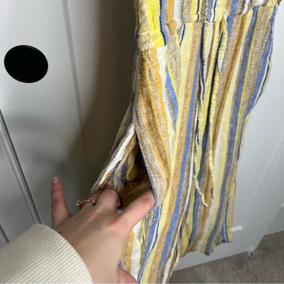 Anthropologie Drew Yellow Striped Linen Frayed Hem Straight Leg Jumpsuit Small - Picture 4 of 8